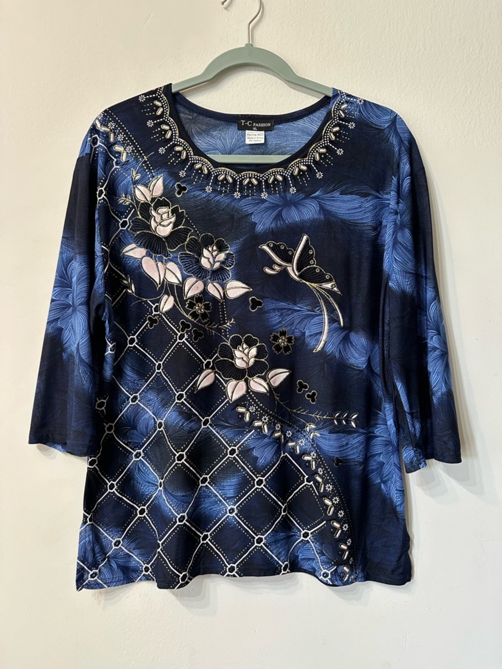 T-C Fashion Blue Floral Butterfly Beaded Knit 3/4 Sleeve Round Neck Blouse XL